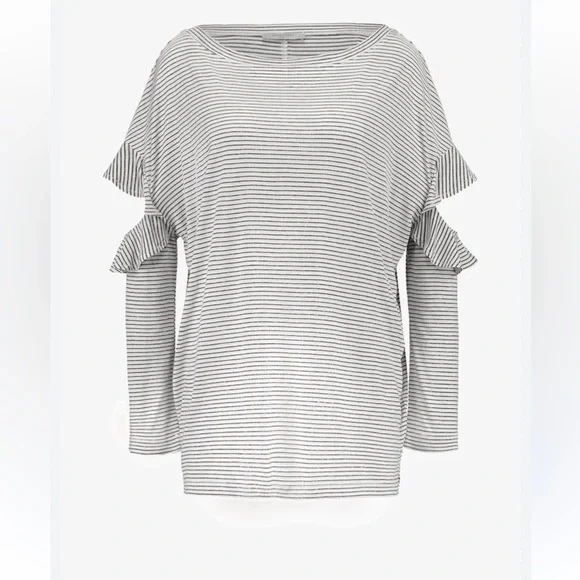 All Saints Striped Ruffle Sleeve Top - Black and White - Picture 2 of 5